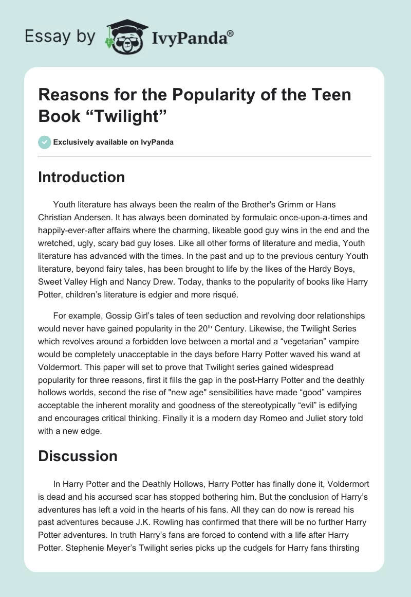 Reasons for the Popularity of the Teen Book “Twilight”. Page 1