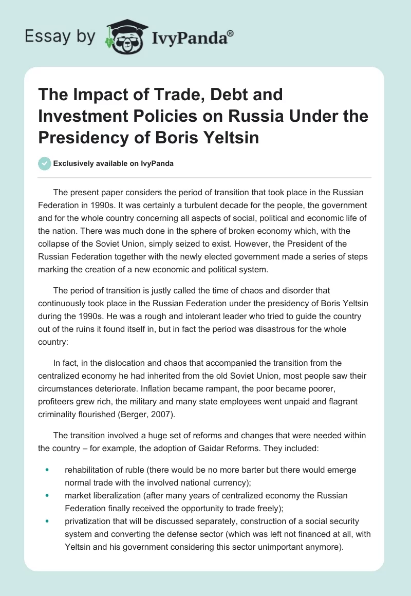 The Impact of Trade, Debt and Investment Policies on Russia Under the Presidency of Boris Yeltsin. Page 1