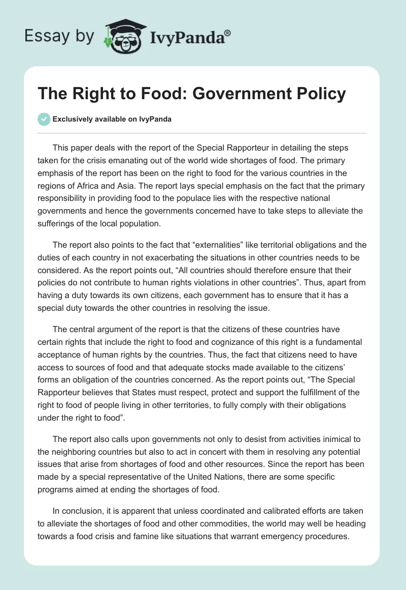 The Right to Food: Government Policy. Page 1