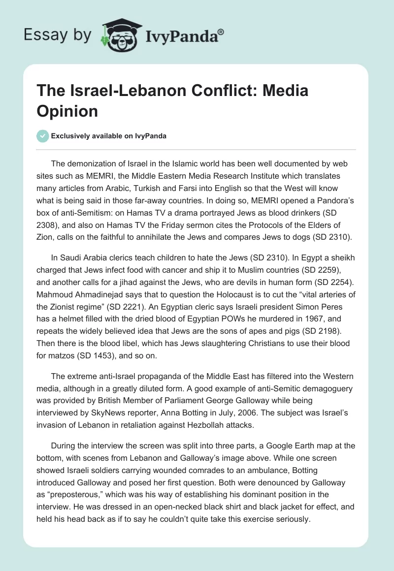 The Israel-Lebanon Conflict: Media Opinion. Page 1