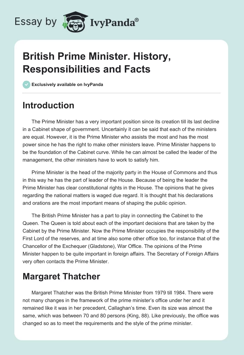 British Prime Minister. History, Responsibilities and Facts. Page 1