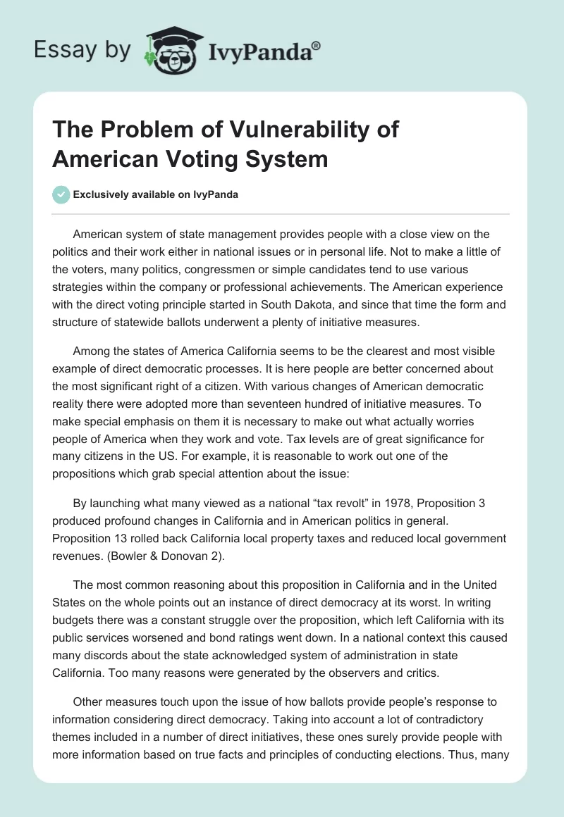 The Problem of Vulnerability of American Voting System. Page 1