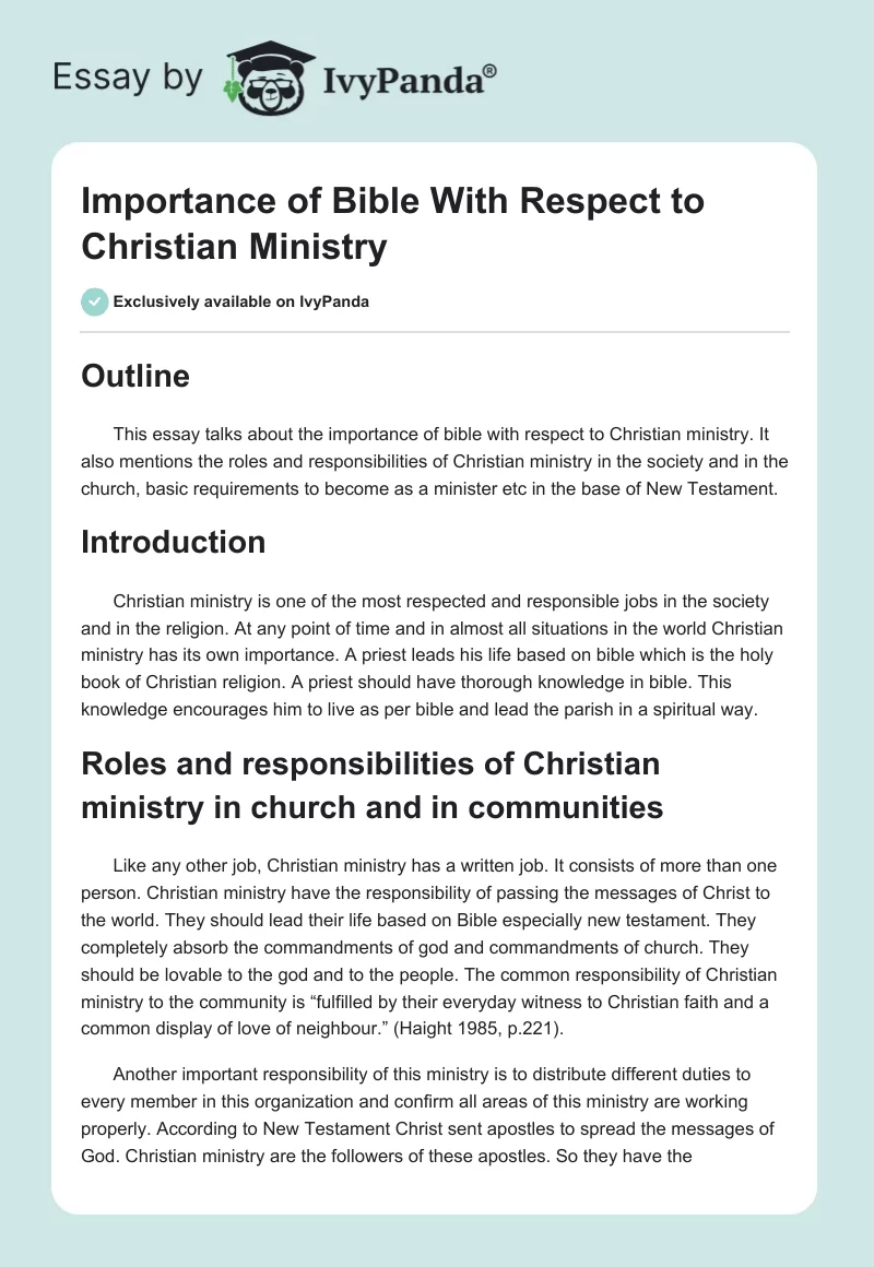 Importance of Bible With Respect to Christian Ministry. Page 1