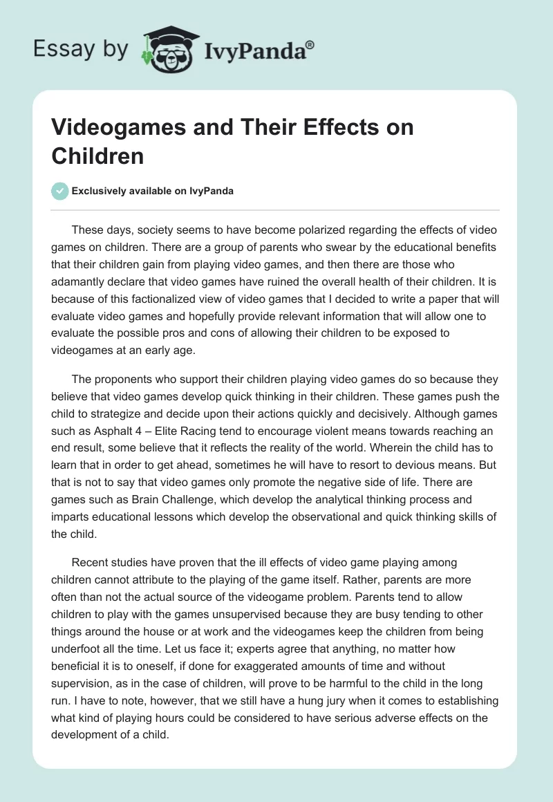 Videogames and Their Effects on Children. Page 1