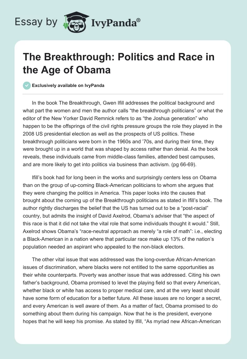 The Breakthrough: Politics and Race in the Age of Obama. Page 1