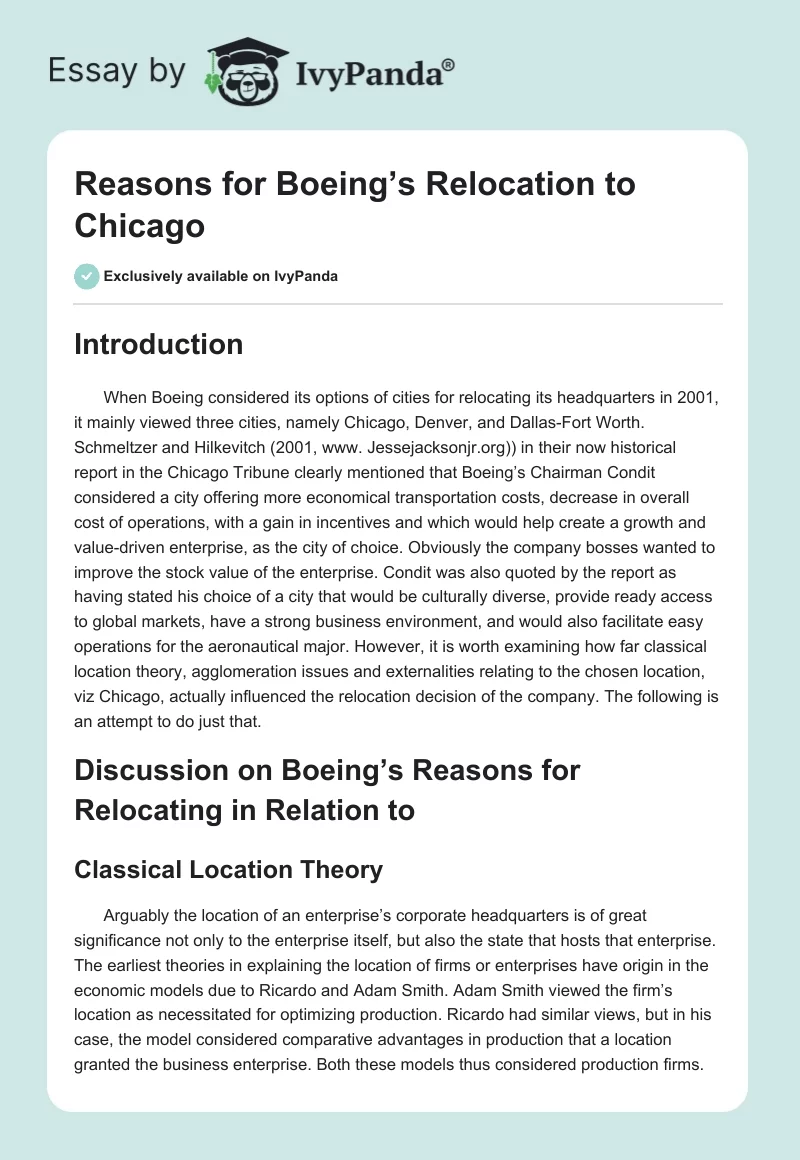 Reasons for Boeing’s Relocation to Chicago. Page 1