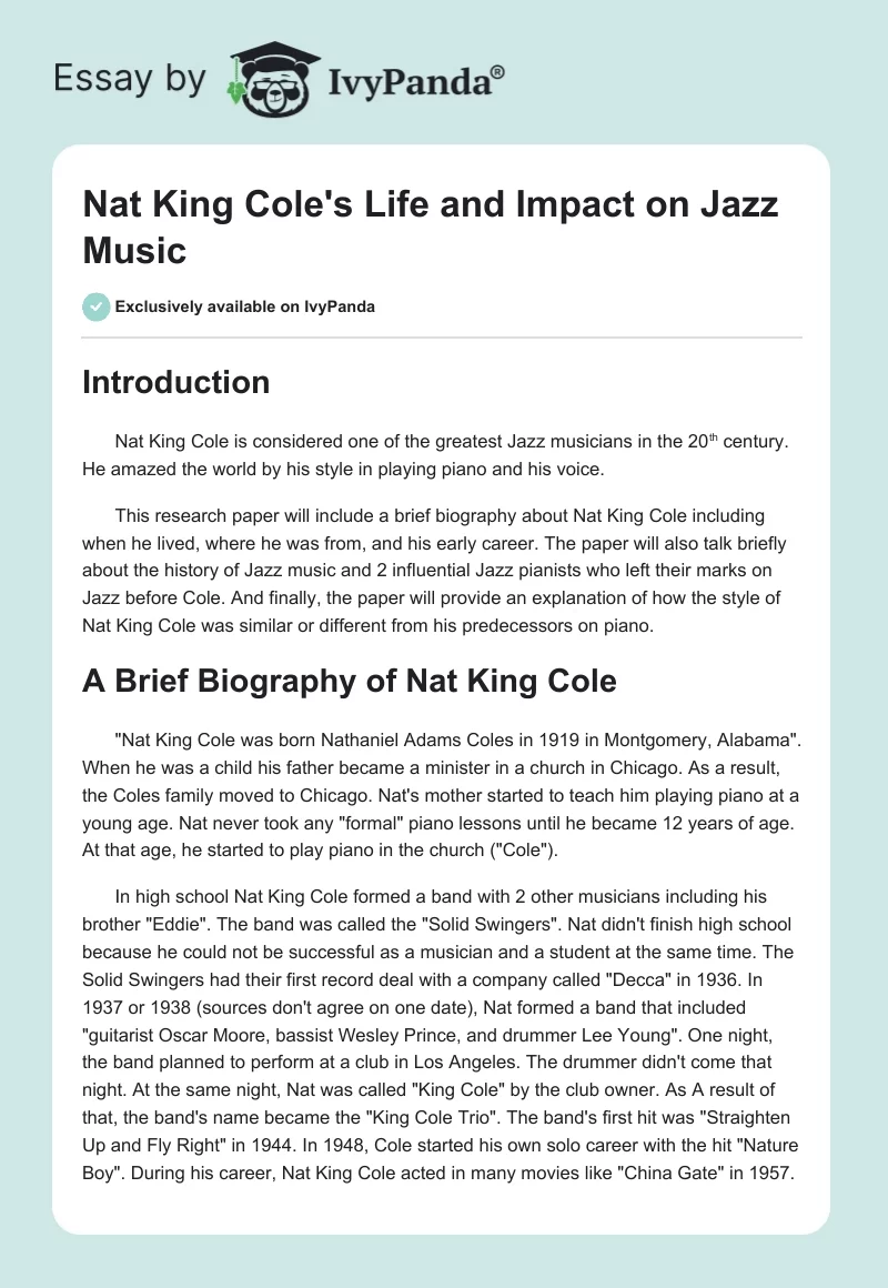 Nat King Cole's Life and Impact on Jazz Music. Page 1
