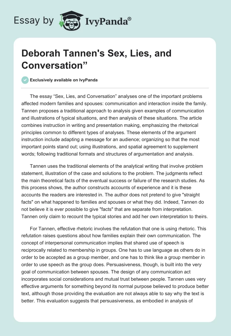 Deborah Tannen's "Sex, Lies, and Conversation”. Page 1