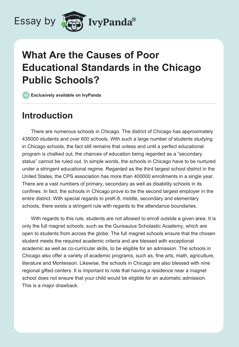 What Are the Causes of Poor Educational Standards in the Chicago Public Schools?. Page 1