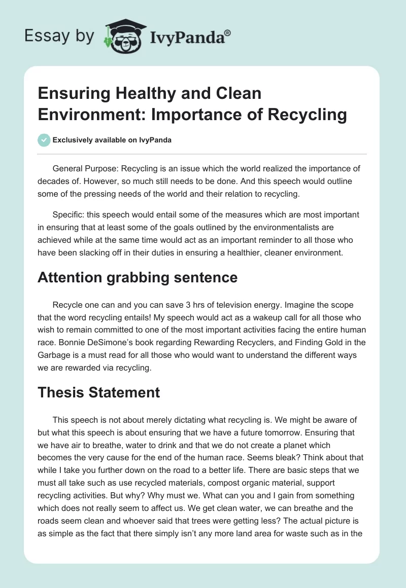 Ensuring Healthy and Clean Environment: Importance of Recycling. Page 1