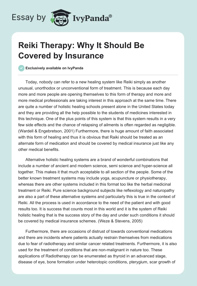 Reiki Therapy: Why It Should Be Covered by Insurance. Page 1