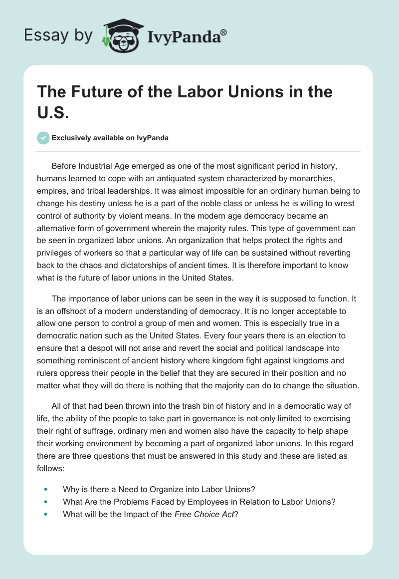 The Future of the Labor Unions in the U.S.. Page 1