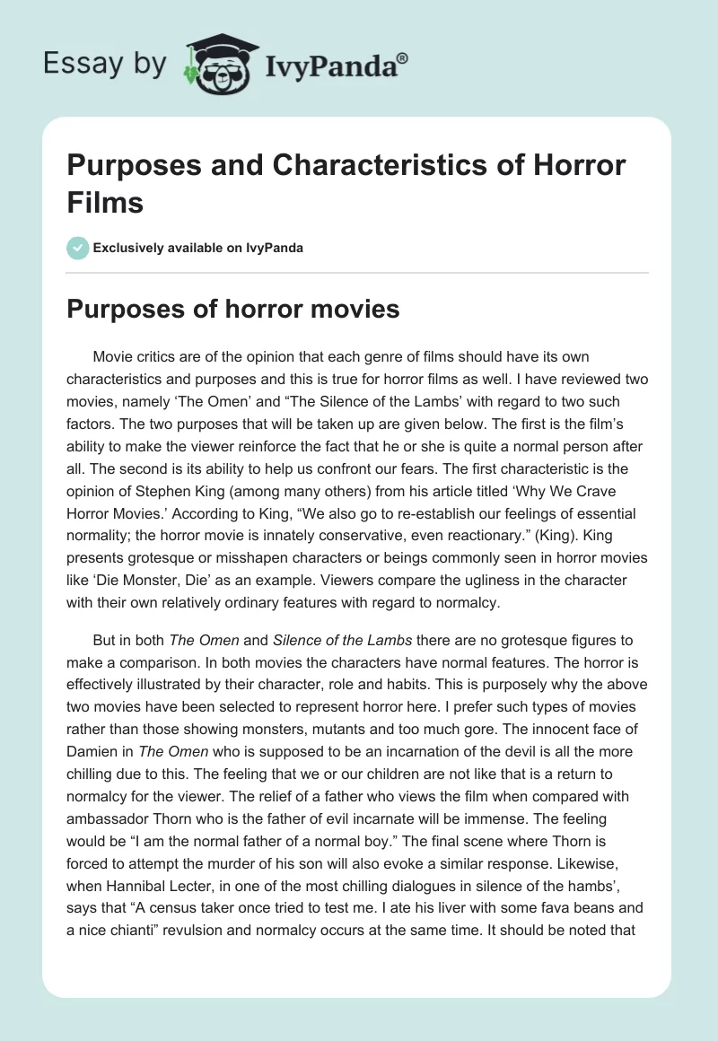 Purposes and Characteristics of Horror Films. Page 1