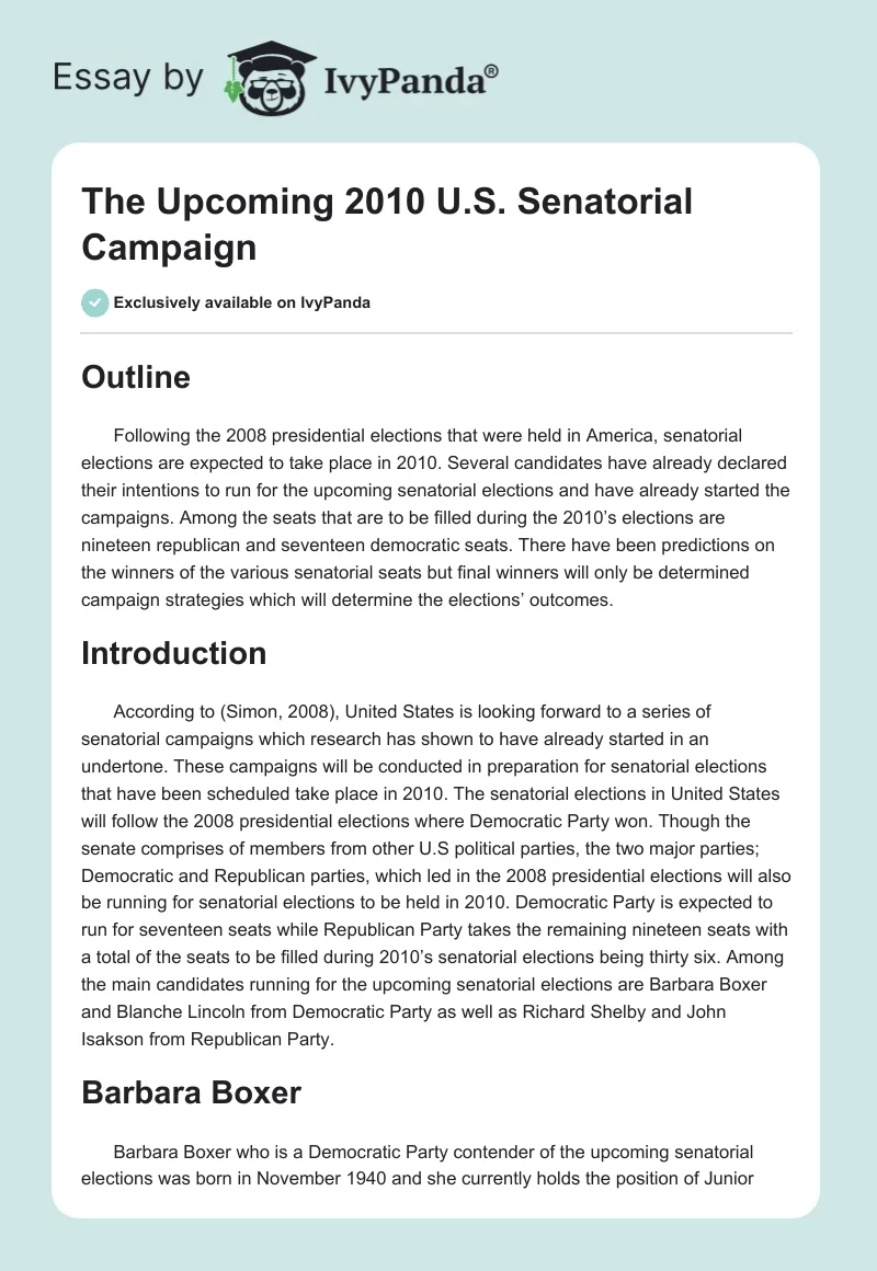 The Upcoming 2010 U.S. Senatorial Campaign. Page 1