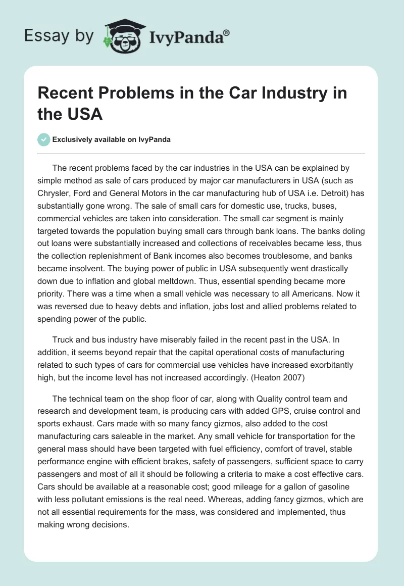 Recent Problems in the Car Industry in the USA. Page 1
