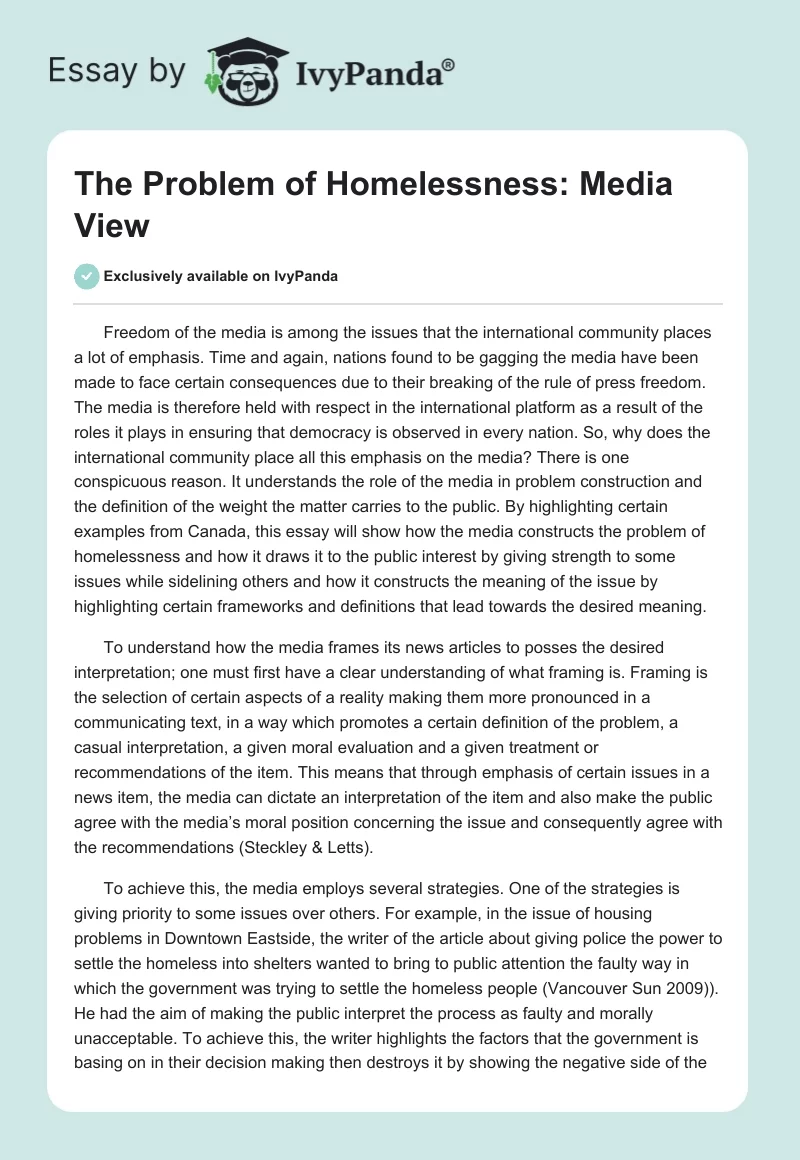The Problem of Homelessness: Media View. Page 1