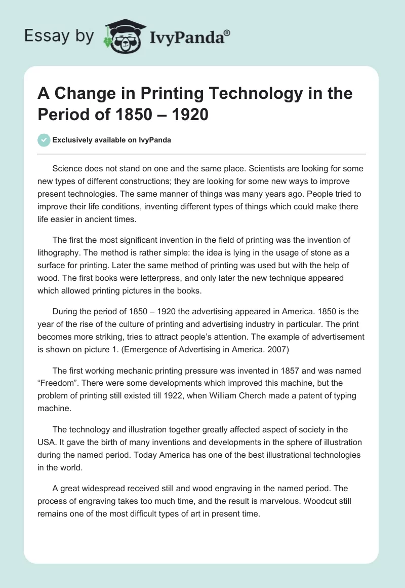 A Change in Printing Technology in the Period of 1850 – 1920. Page 1