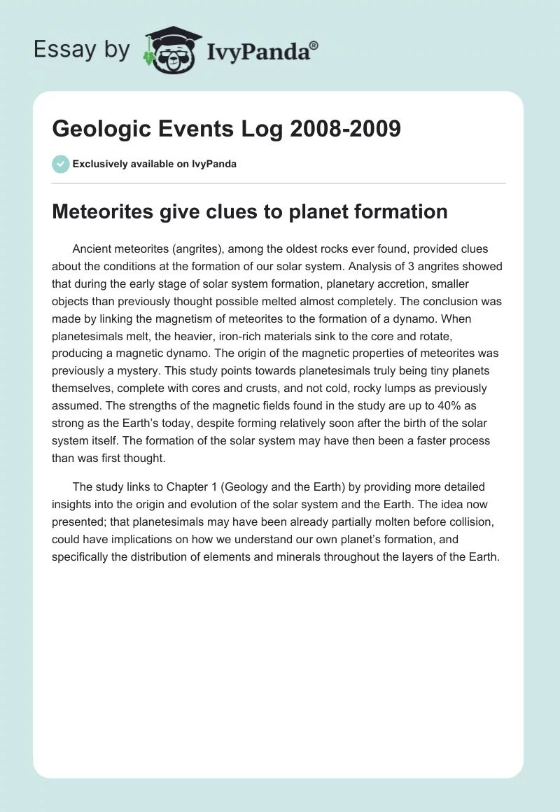 Geologic Events Log 2008-2009. Page 1
