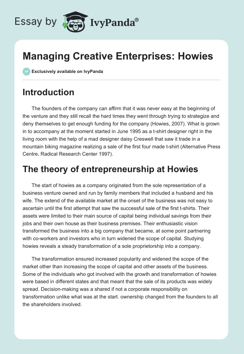 Managing Creative Enterprises: Howies. Page 1