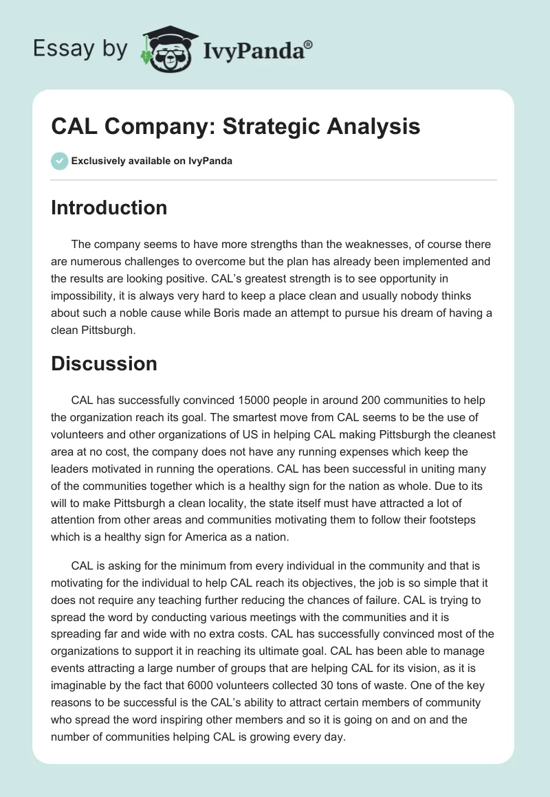 CAL Company: Strategic Analysis. Page 1