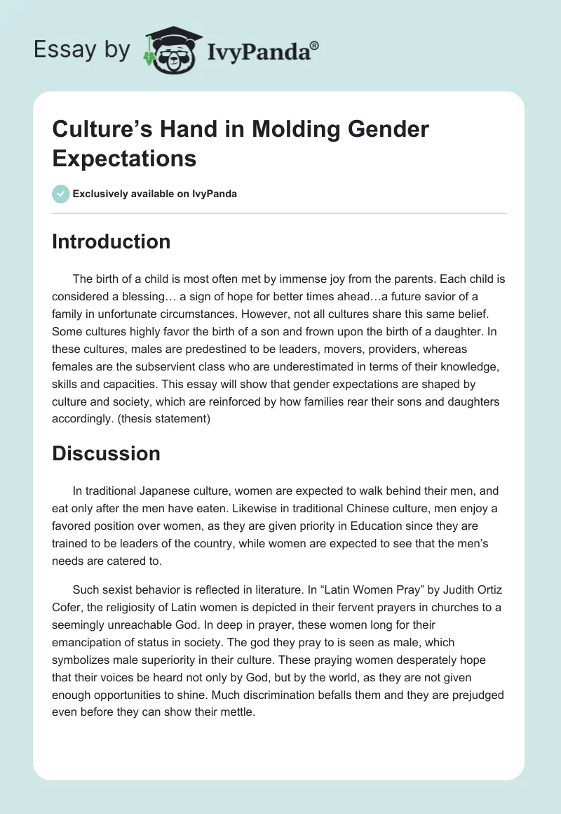 Culture’s Hand in Molding Gender Expectations. Page 1