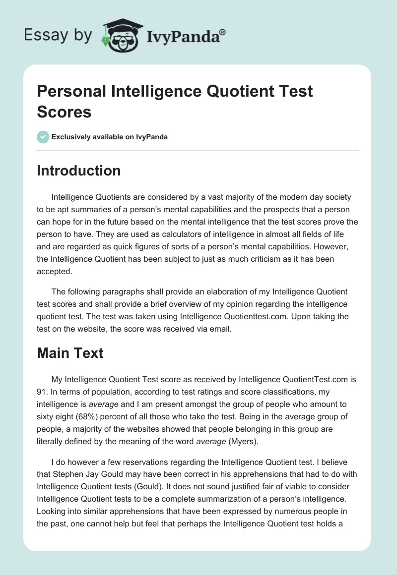 Personal Intelligence Quotient Test Scores. Page 1