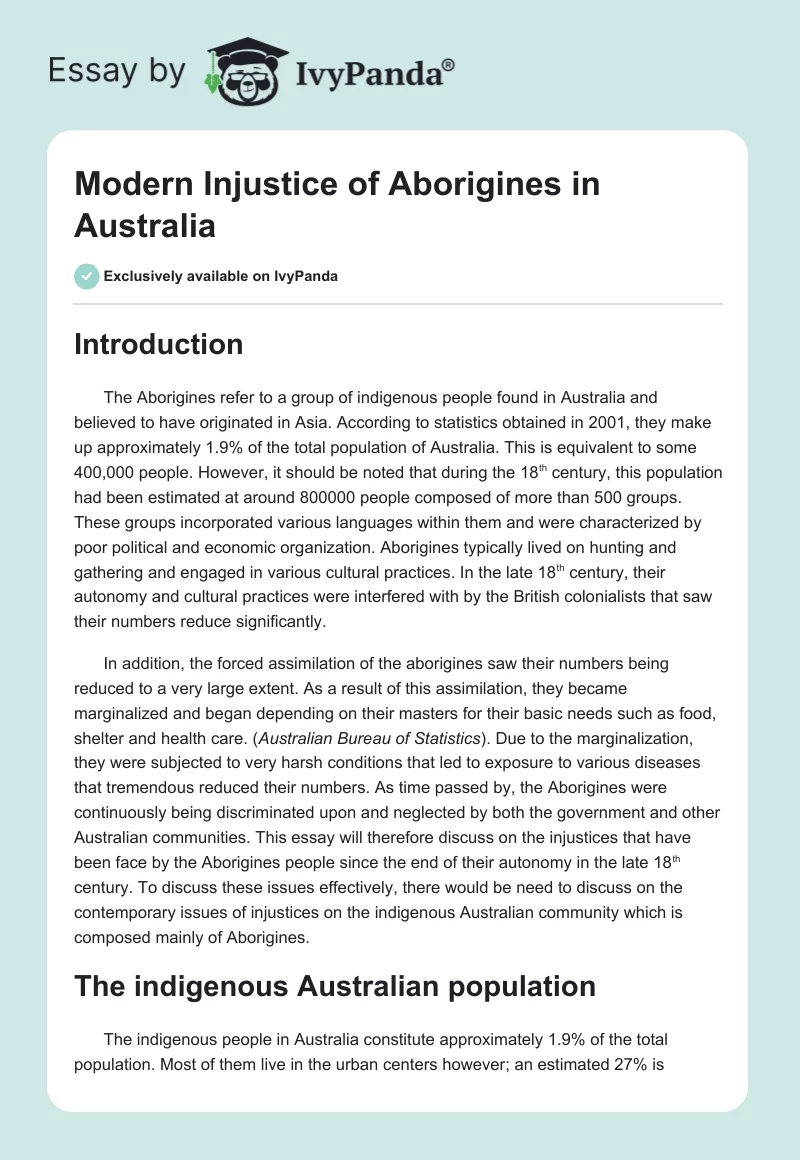 Modern Injustice of Aborigines in Australia. Page 1