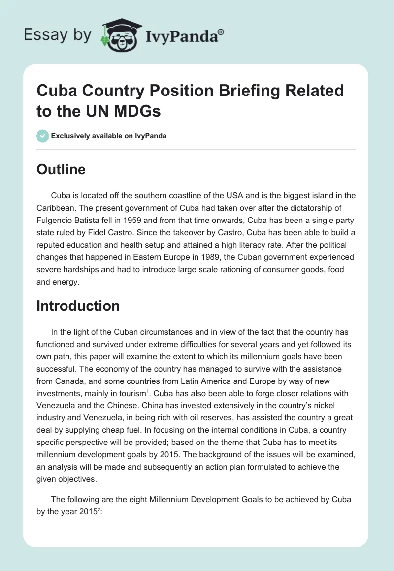 Cuba Country Position Briefing Related to the UN MDGs. Page 1