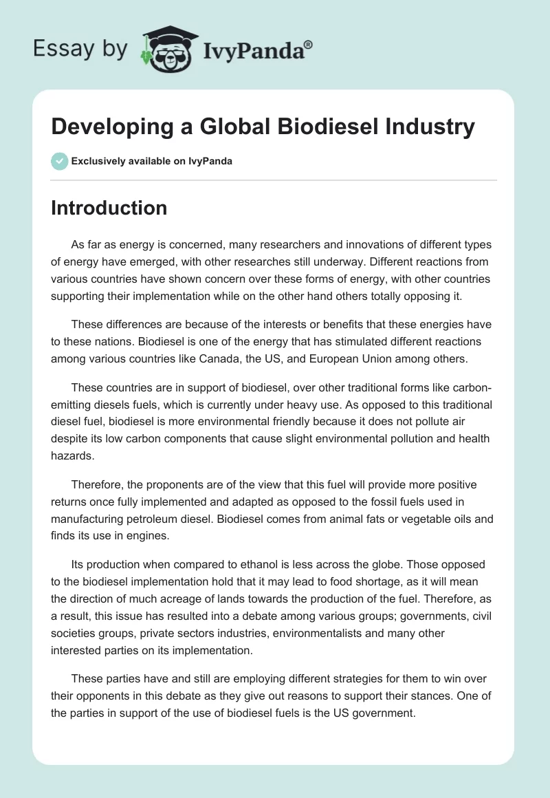 Developing a Global Biodiesel Industry. Page 1