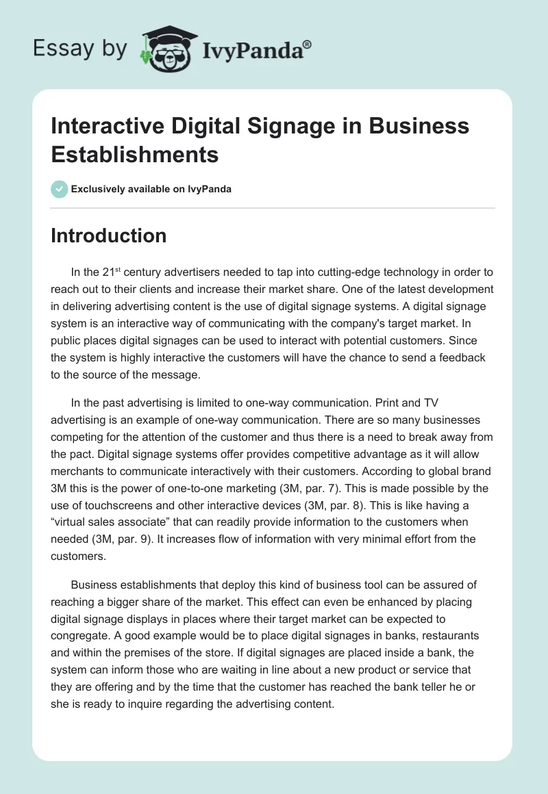 Interactive Digital Signage in Business Establishments. Page 1