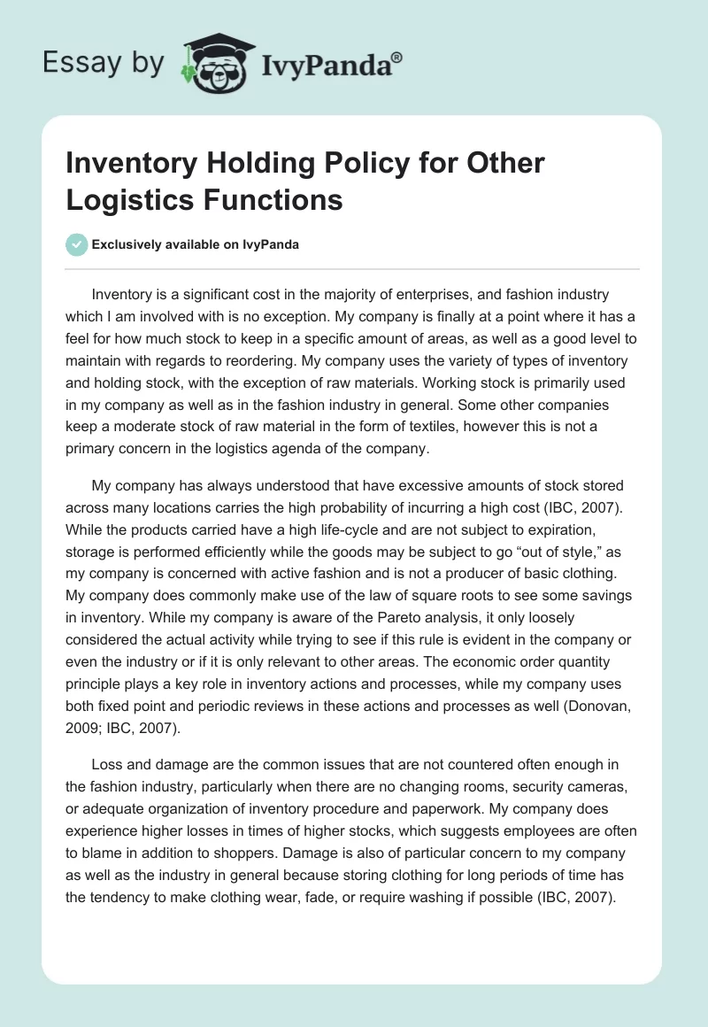 Inventory Holding Policy for Other Logistics Functions. Page 1