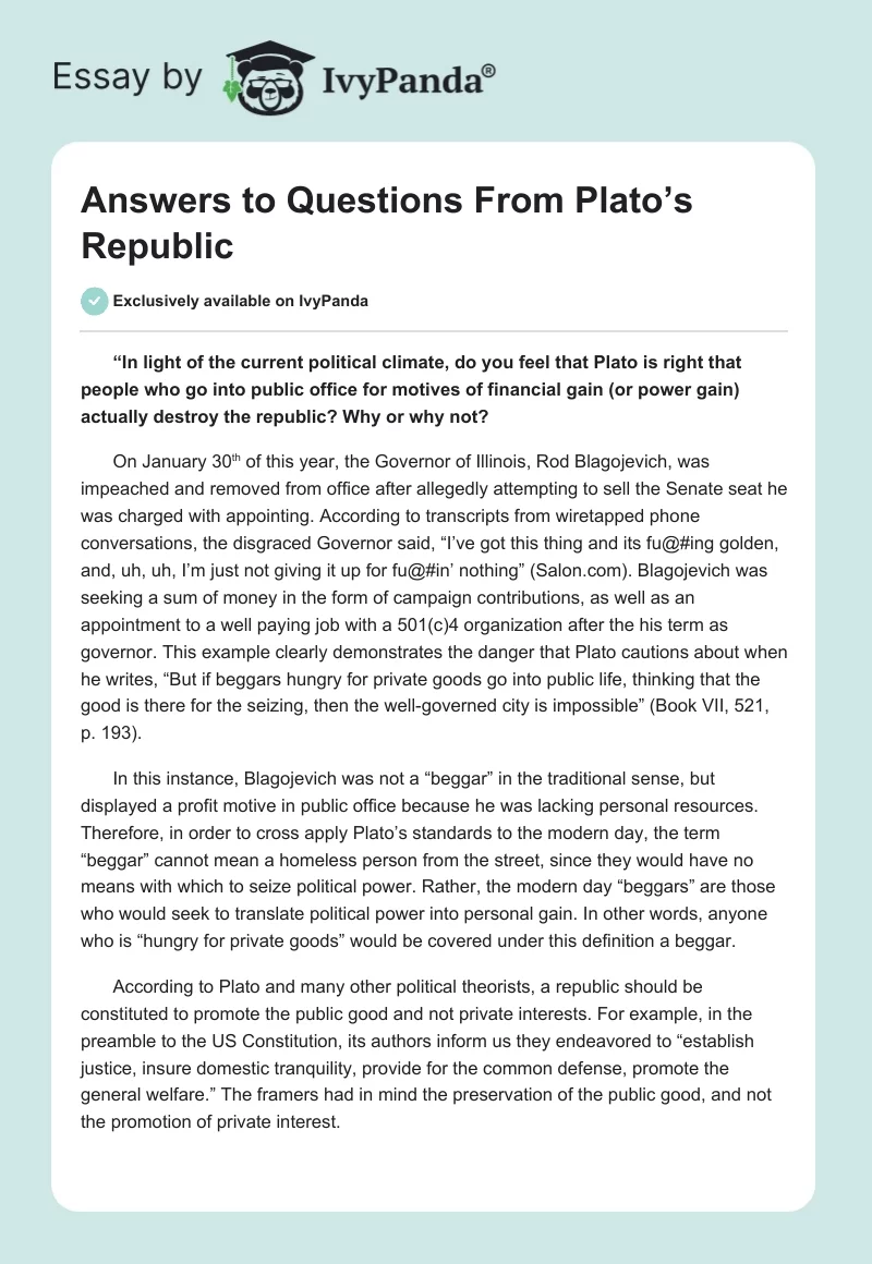 Answers to Questions From Plato’s Republic. Page 1