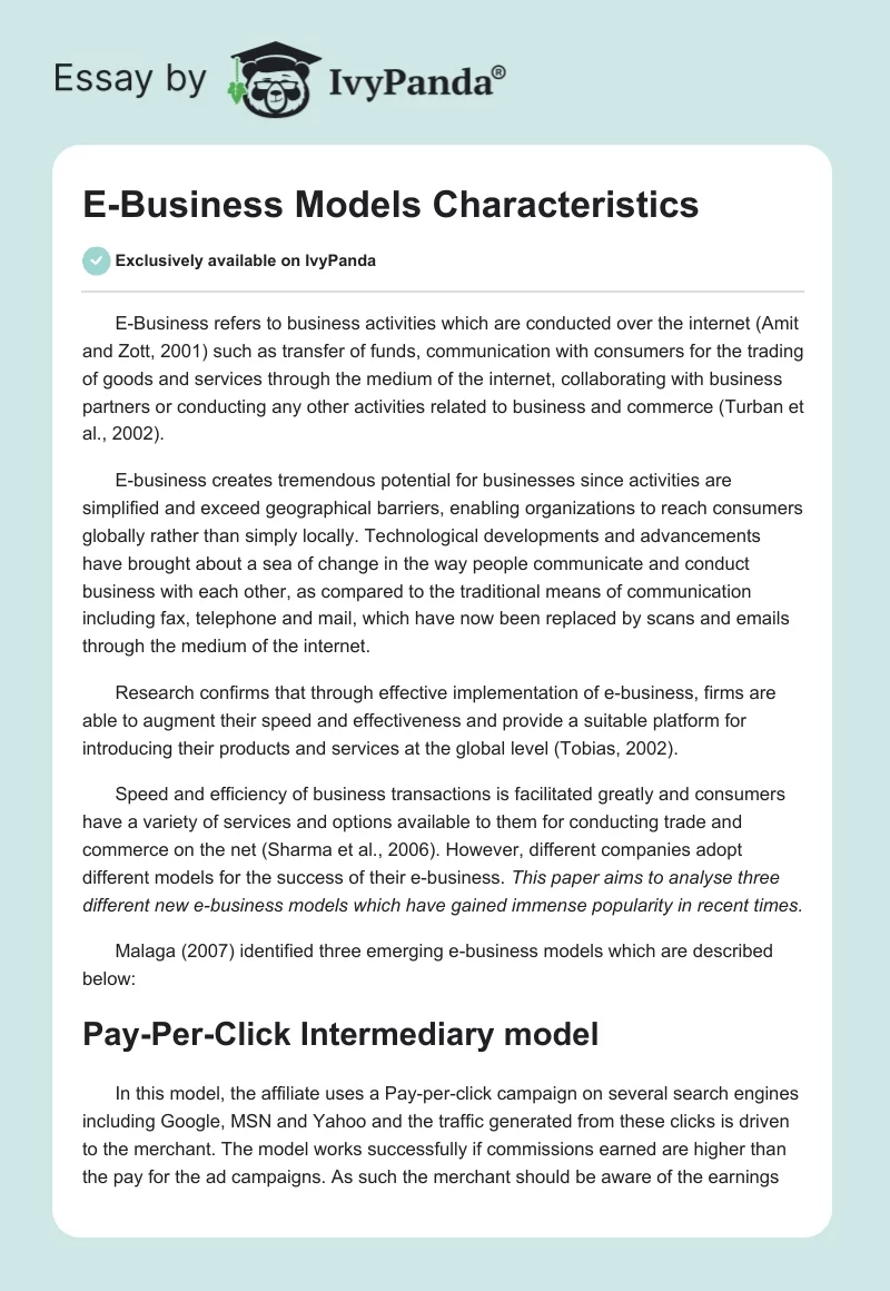 E-Business Models Characteristics. Page 1