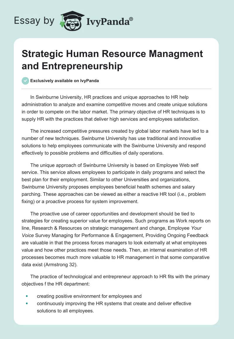 Strategic Human Resource Managment and Entrepreneurship. Page 1