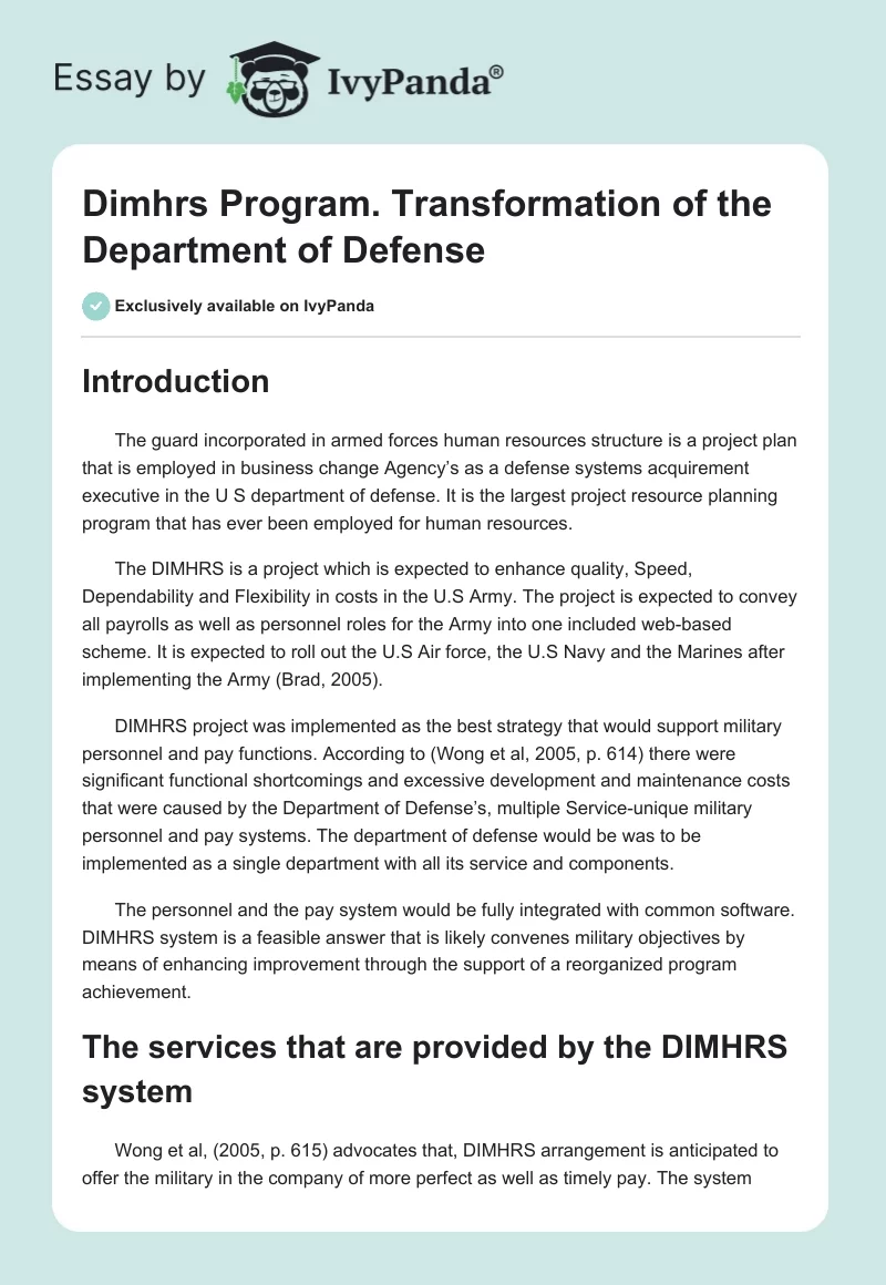 Dimhrs Program. Transformation of the Department of Defense. Page 1