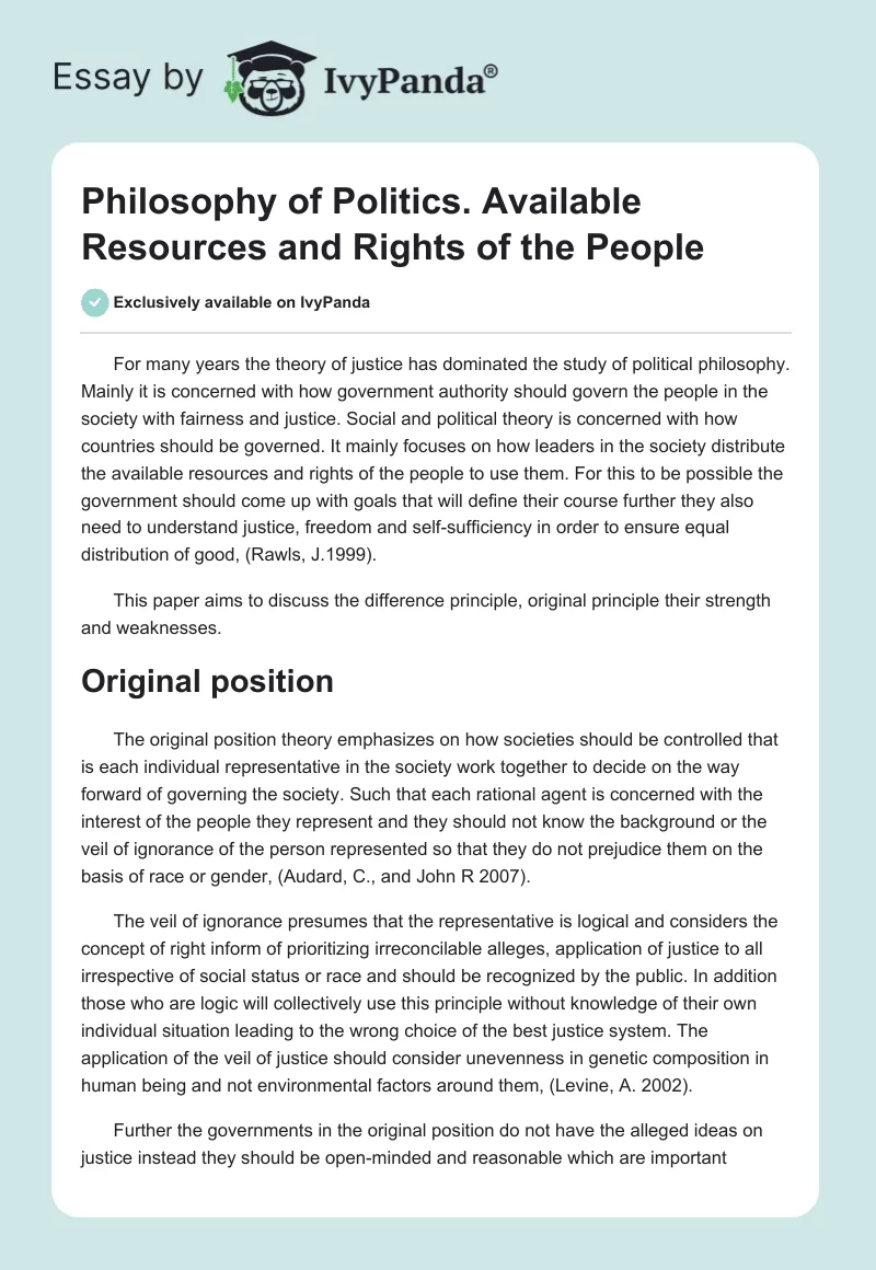 Philosophy of Politics. Available Resources and Rights of the People. Page 1