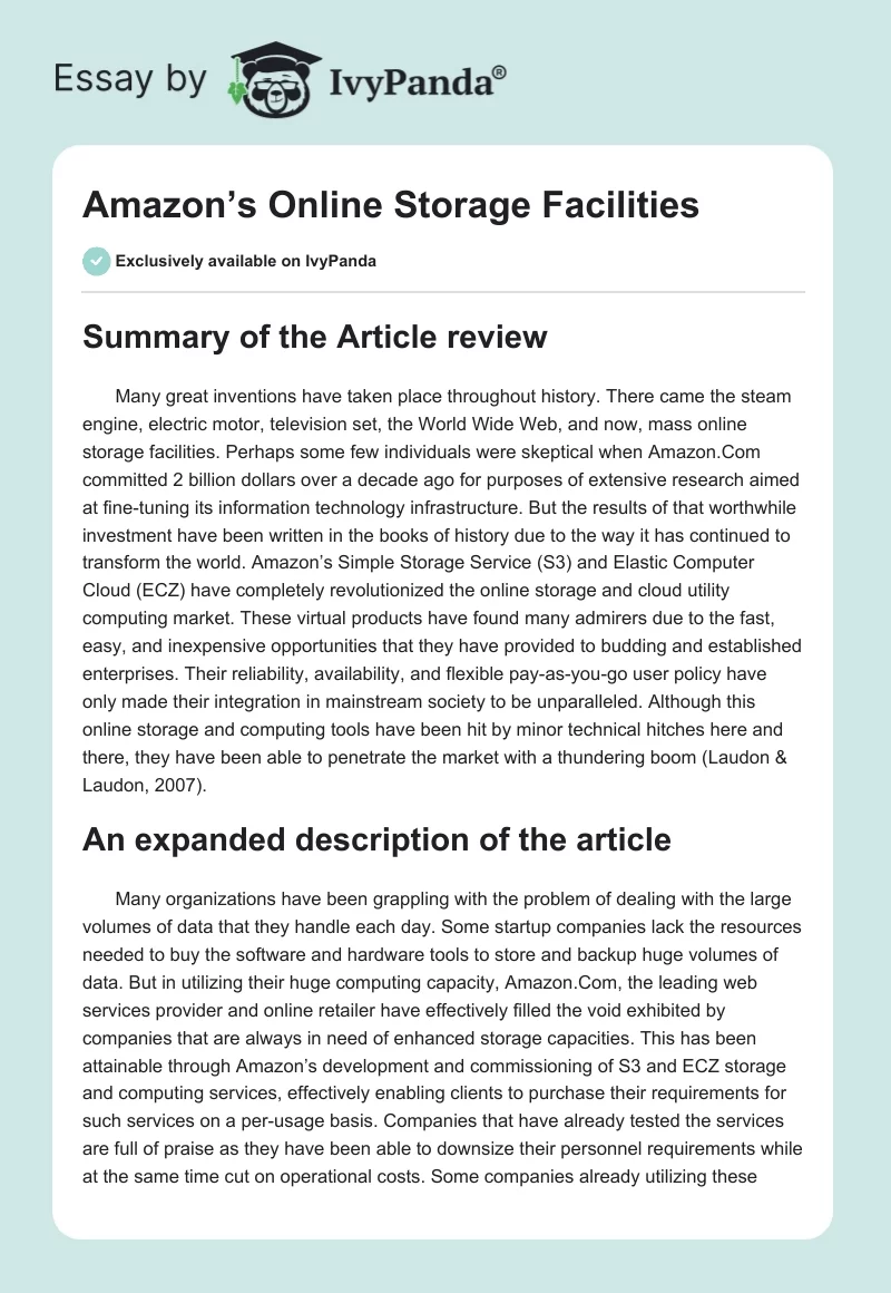 Amazon’s Online Storage Facilities. Page 1