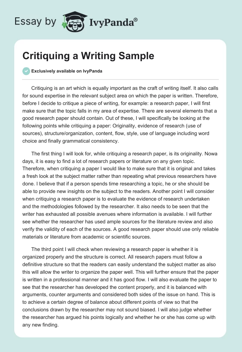 Critiquing a Writing Sample. Page 1