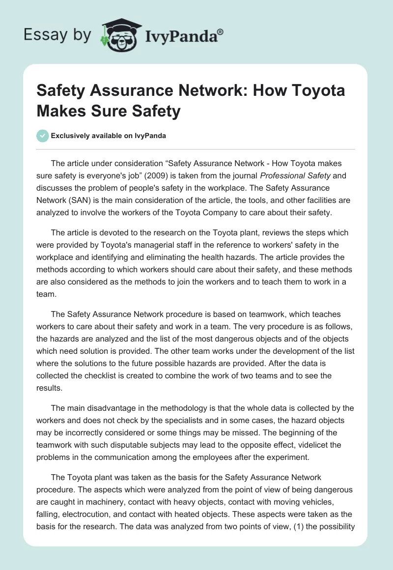 Safety Assurance Network: How Toyota Makes Sure Safety. Page 1
