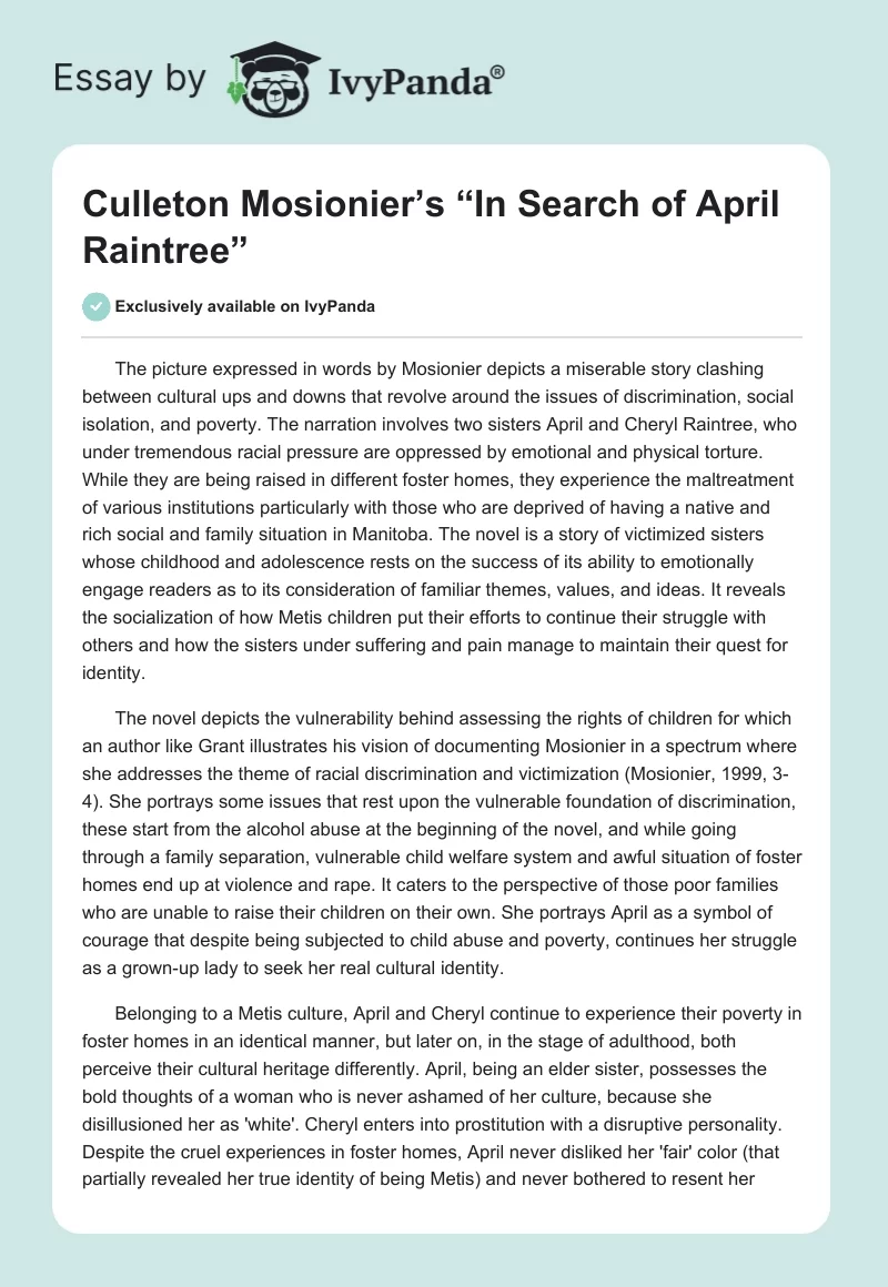 Culleton Mosionier’s “In Search of April Raintree”. Page 1