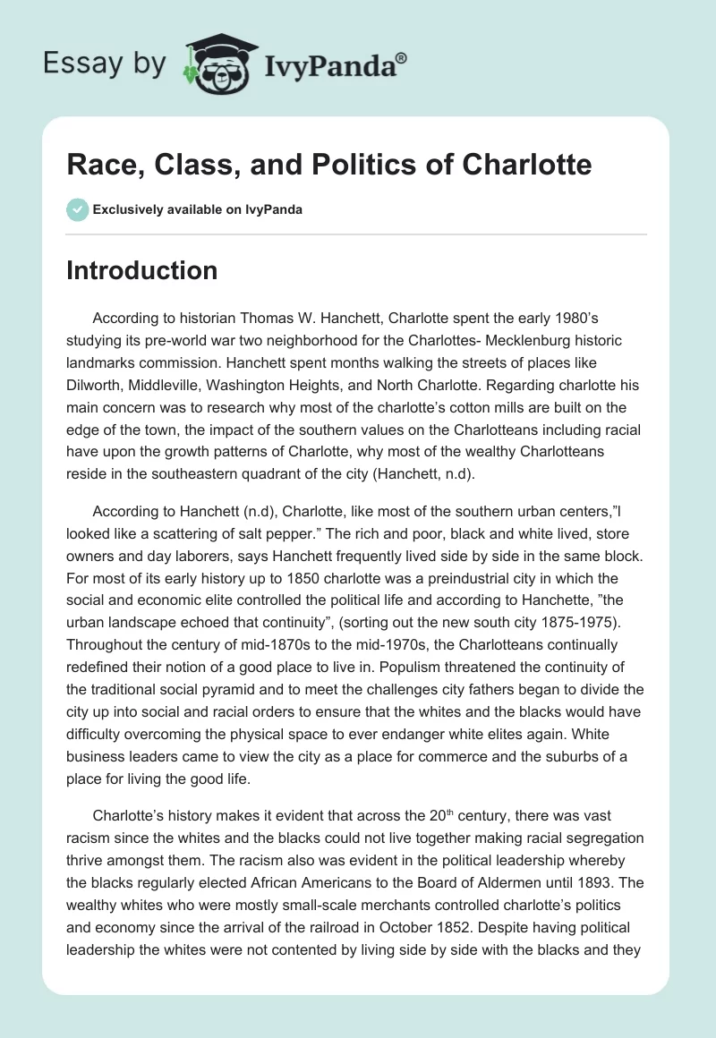 Race, Class, and Politics of Charlotte. Page 1
