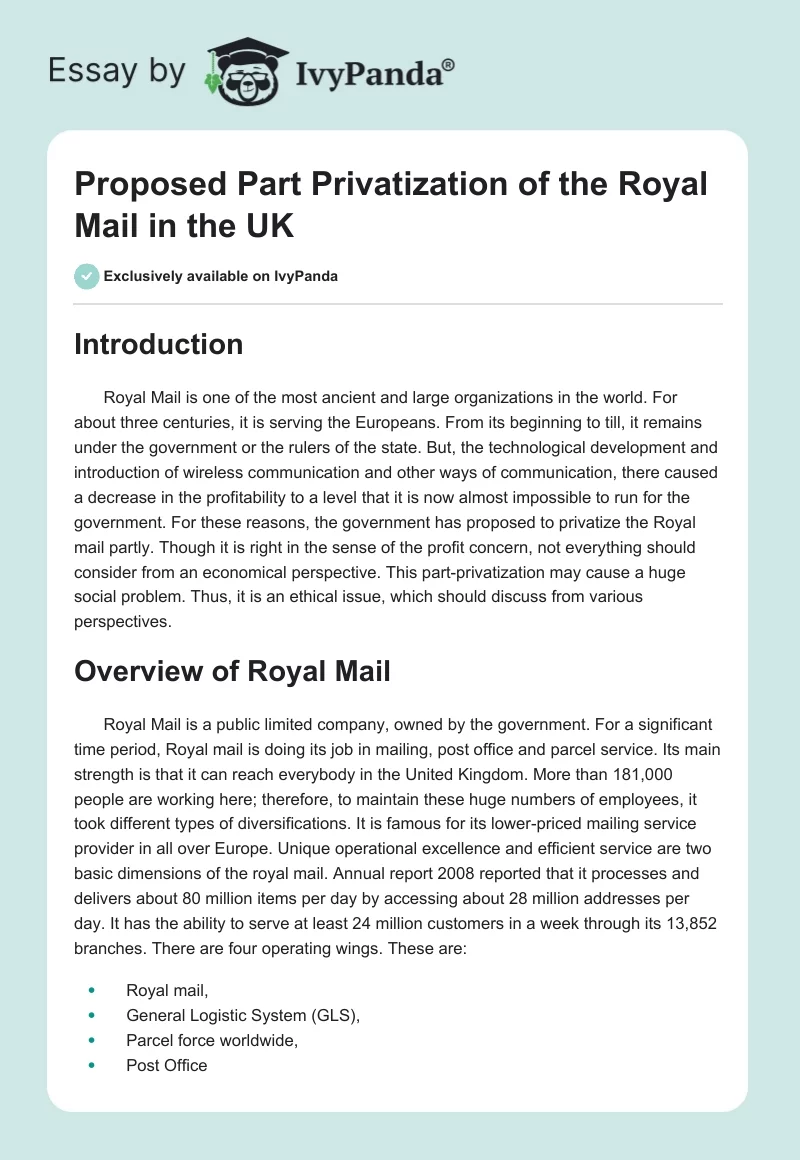 Proposed Part Privatization of the Royal Mail in the UK. Page 1