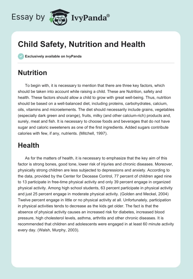 Child Safety, Nutrition and Health. Page 1
