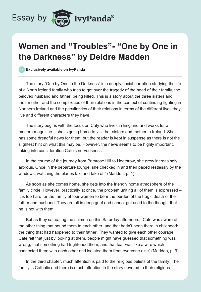 Women and “Troubles”- “One by One in the Darkness” by Deidre Madden. Page 1