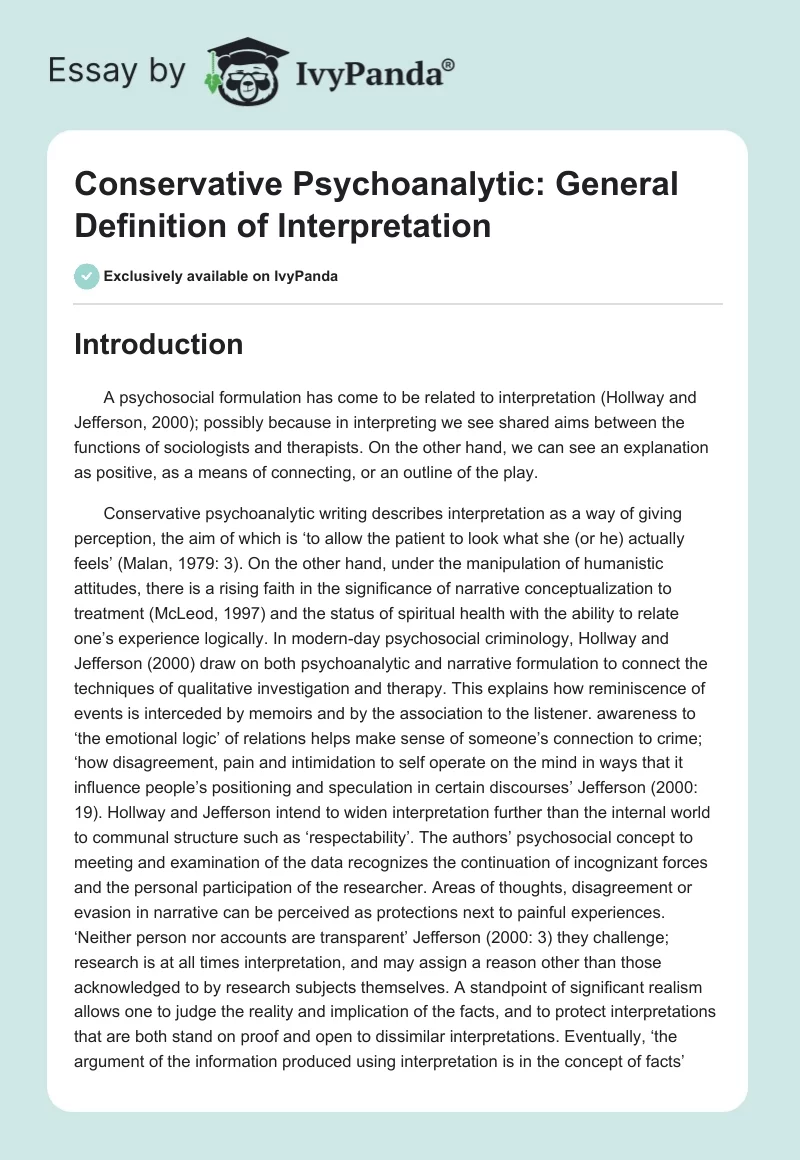 Conservative Psychoanalytic: General Definition of Interpretation. Page 1