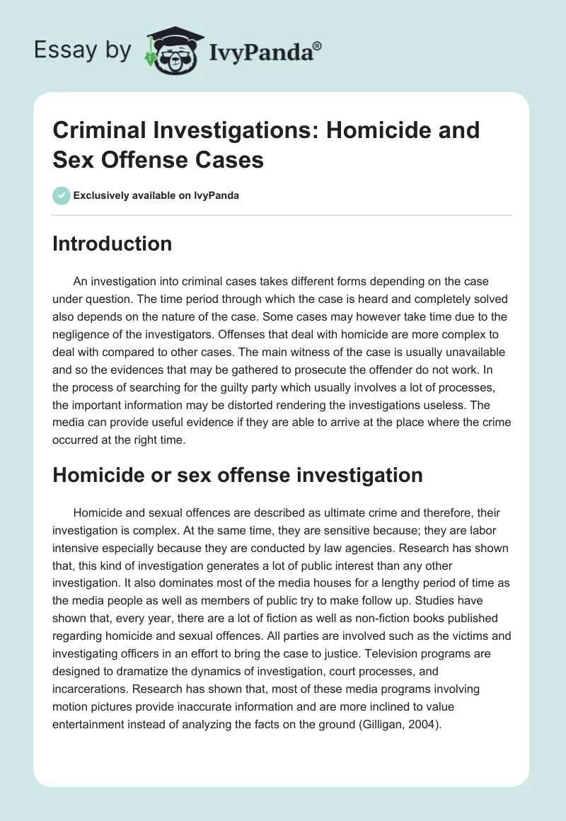 Criminal Investigations: Homicide and Sex Offense Cases. Page 1