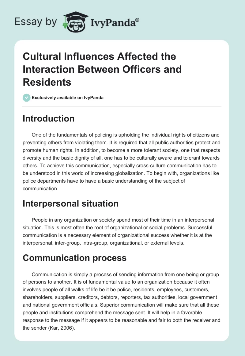 Cultural Influences Affected the Interaction Between Officers and Residents. Page 1
