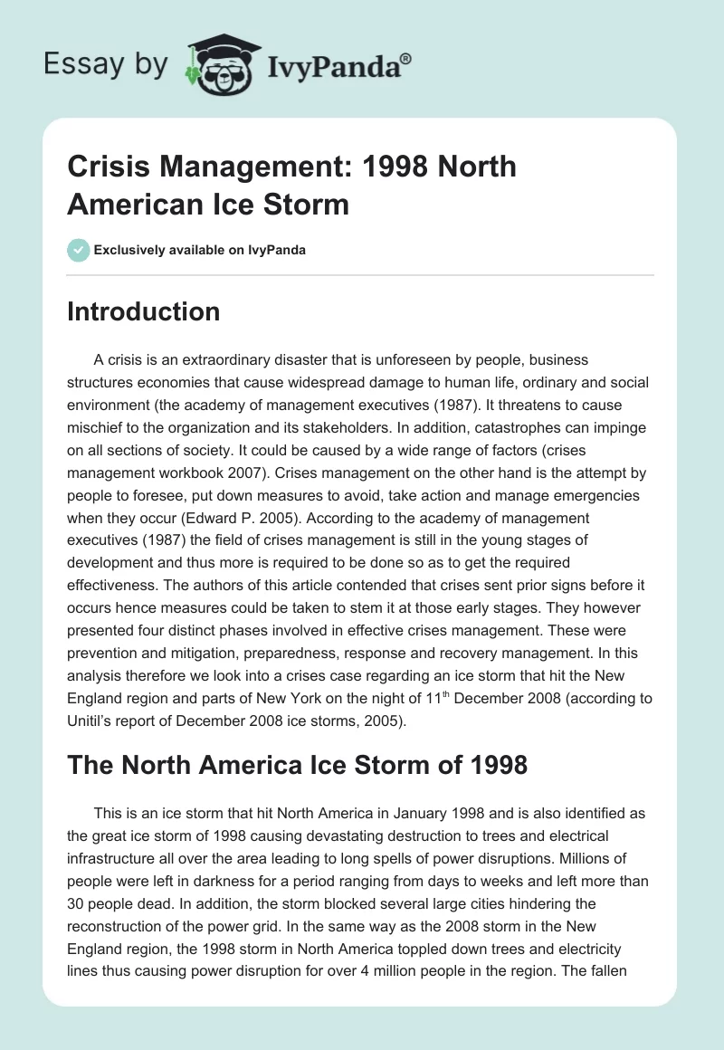 Crisis Management: 1998 North American Ice Storm. Page 1