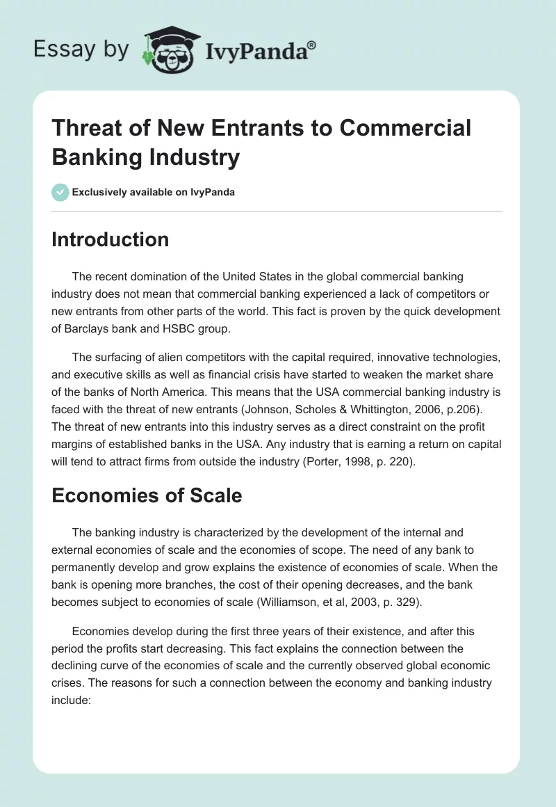 Threat of New Entrants to Commercial Banking Industry. Page 1