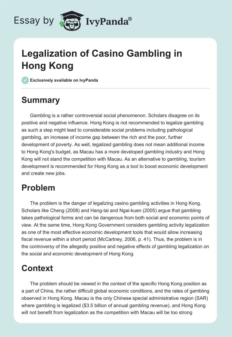 Legalization of Casino Gambling in Hong Kong. Page 1